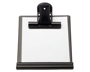 Plastic clipboard with metal clip and blank paper for office use on a transparent background