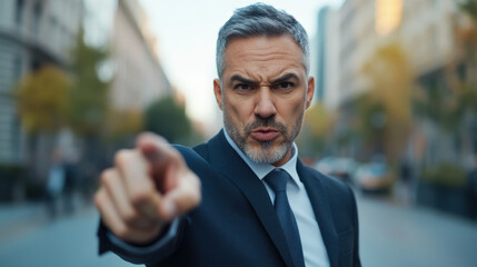 Confident mature man in suit and tie points directly at camera with serious expression, standing outdoors on city street with blurred buildings and trees in background