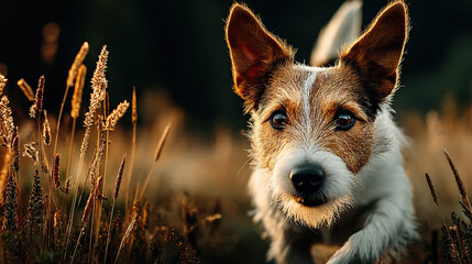 Jack Russell terrier dashing through a meadow, embodying pure joy and freedom in motion.