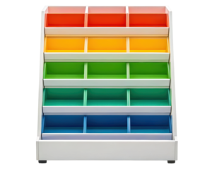 Multi-compartment organizer shelf with colorful bins for storage on a transparent background