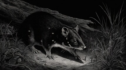 Naklejka premium Quoll in the Night: Black and White Wildlife Illustration