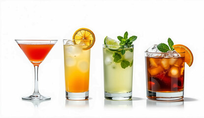 Colorful Exotic Cold Cocktails PNG Set – Transparent Background Bundle Featuring Cosmopolitan, Margarita, Mojito, and Old Fashioned with Citrus and Ice