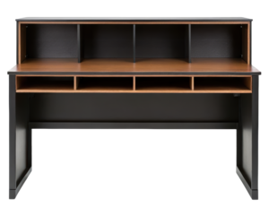 Wooden desk with hutch and multiple storage compartments for office on a transparent background