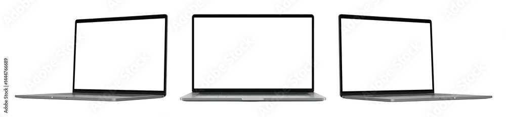Poster set of a mockup of a laptop computer with a blank screen display isolated on a transparent backgroun