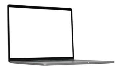 A mockup of a laptop computer with a blank screen display isolated on a transparent background. Cut out the PNG format for graphic design. technology concept.