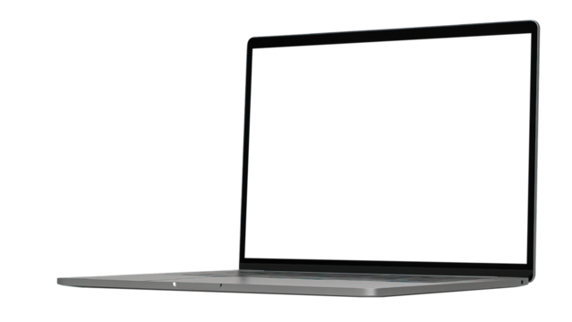 A mockup of a laptop computer with a blank screen display isolated on a transparent background. Cut out the PNG format for graphic design. technology concept.