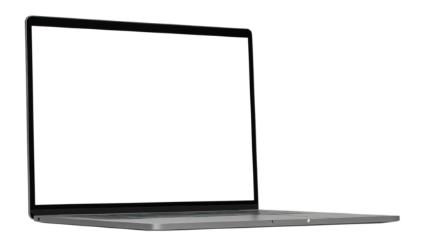 A mockup of a laptop computer with a blank screen display isolated on a transparent background. Cut out the PNG format for graphic design. technology concept.