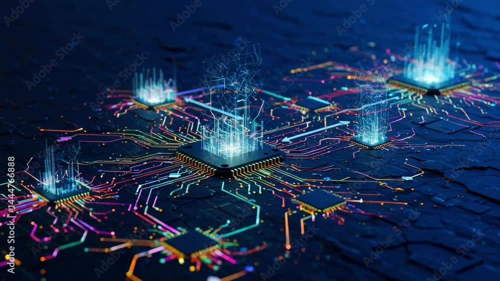 Poster abstract representation of digital technology with glowing circuits and vibrant light effects