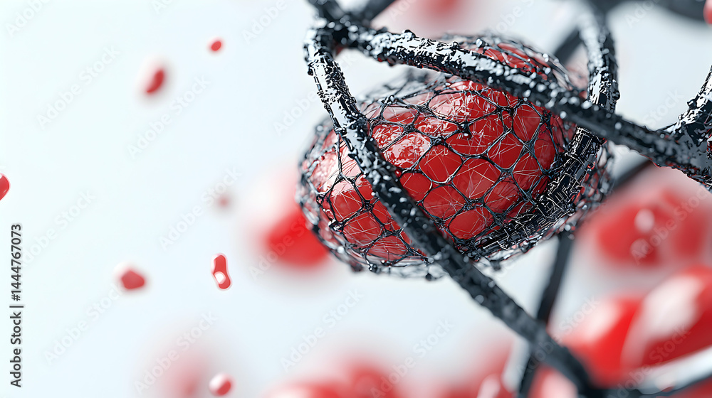Poster this image depicts a macro view of a red cell encased in a dark network. use this graphic for medica