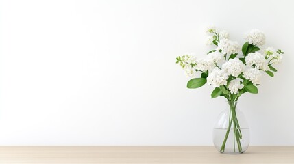 Fototapeta premium Simple white flowers in clear glass vase on light wooden surface