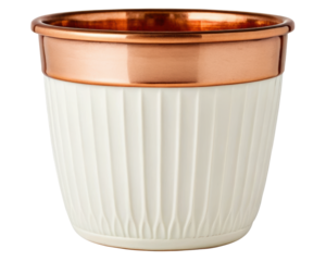 Ceramic plant pot with ribbed texture and metallic rim for decor on a transparent background