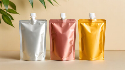 Mockup of Aluminum Liquid Pouches for Juice, Smoothie, or Sauce with Colorful Packs and Plastic Caps