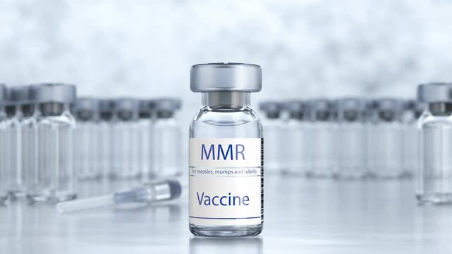 Rotating camera around vaccine vial. Medical and healthcare concept. Measles, mumps and rubella vaccination. MMR vaccine in glass ampoule. Vials with doses of measles, mumps and rubella vaccine.