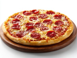 Pepperoni pizza on wood plate isolated on white background