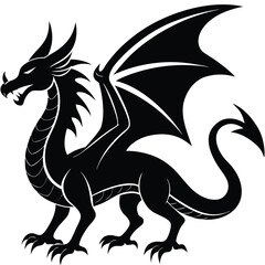 dragon black silhouette vector, Simple silhouette Design vector icon with white background, Traditional Chinese dragon silhouette vector illustration, Chinese dragon silhouette on white background.