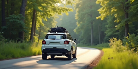 Electric Vehicle Driving Through Forest – Eco-Friendly Transportation and Green Energy Concept