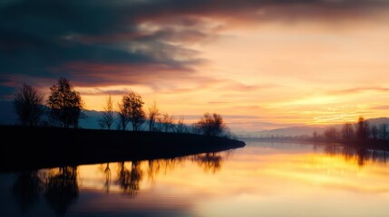 Obraz premium Serene sunset over a tranquil river, with silhouetted trees lining the shore and vibrant reflections