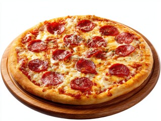 Pepperoni pizza on wood plate isolated on white background