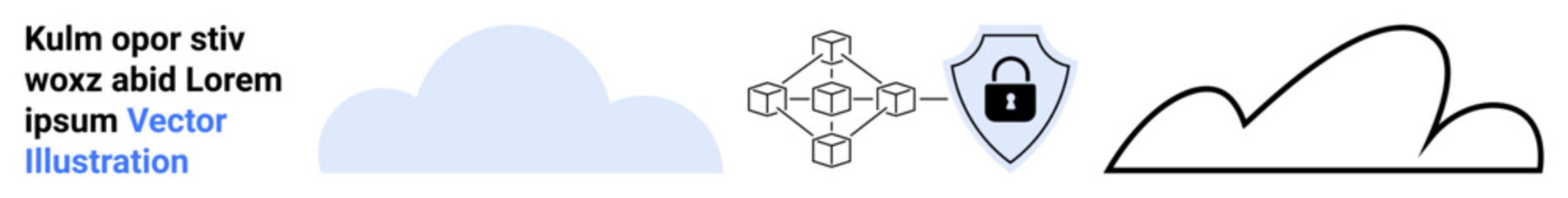 Cloud shapes, network diagram with nodes, and security shield symbolizing cloud technology, data protection, and connectivity. Ideal for tech, security, cloud storage, IT networking digital