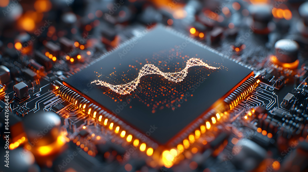 Poster intricate circuit board design. suitable for tech industry marketing websites blogs or educational m