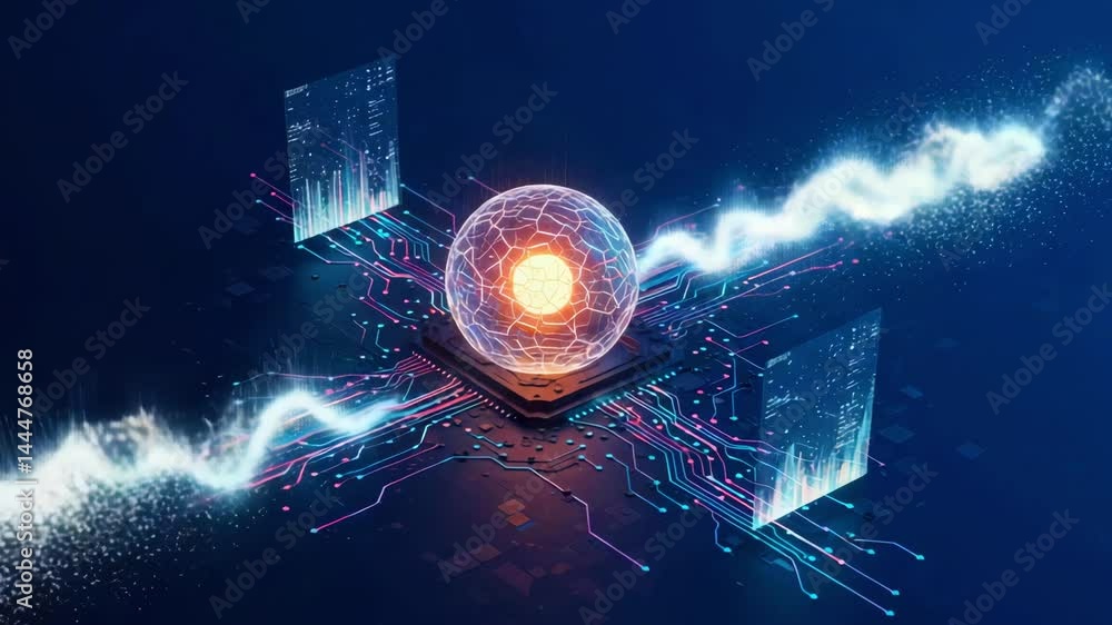 Poster futuristic digital sphere emitting energy waves, surrounded by data graphs in a high-tech environmen