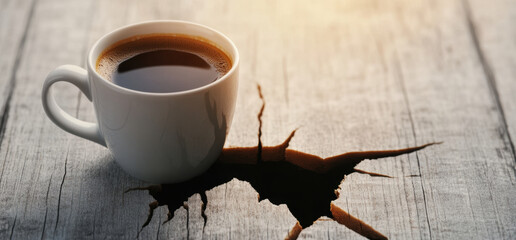 White cup hot coffee wooden table realistic crack coffee dripping morning light unique concept creative beverage dramatic mood