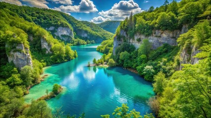 Panoramic view of a beautiful turquoise lake surrounded by lush greenery and limestone cliffs in Plitvice National Park Croatia, landscape photography, water features
