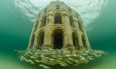 Submerged architectural structure with school of fish