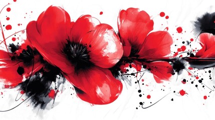 Abstract depiction of vivid red poppies with splashes of black ink.