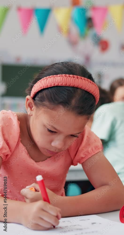 Poster writing, student and child with exam, classroom and knowledge for project, growth and development. e