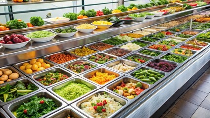 Salad buffet with a wide selection of fresh dishes displayed in a large case, restaurant display, fruit and vegetable display