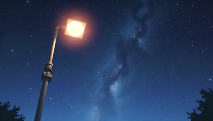 Serene Night Scene with Illuminated Streetlight and Starry Sky Anime Wallpaper. A peaceful nighttime view featuring a bright streetlight casting light on the surroundings star-studded sky.