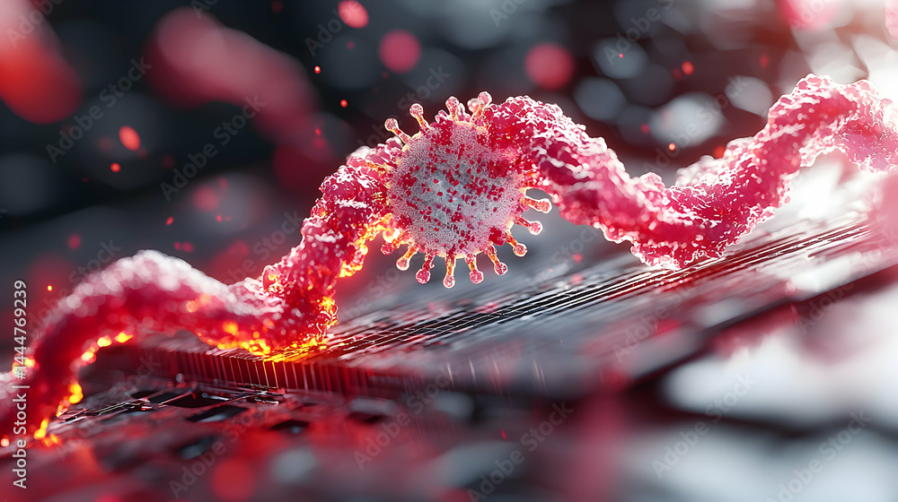 Aufkleber digital artwork depicting a virus structure resting on a tech surface. it illustrates the intersecti