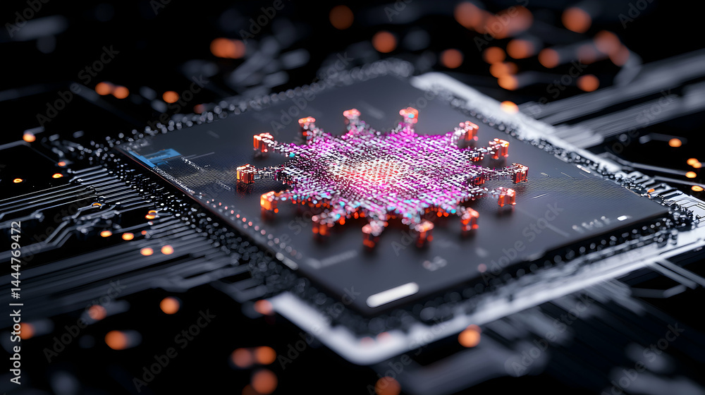 Poster a futuristic close-up of a circuit board with a vibrant central design depicting digital technology.