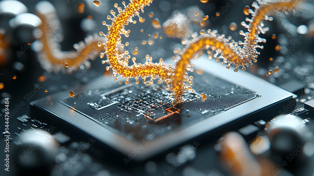 Fototapete a digital abstract design of a microchip with an organic structure possibly representing a virus. su