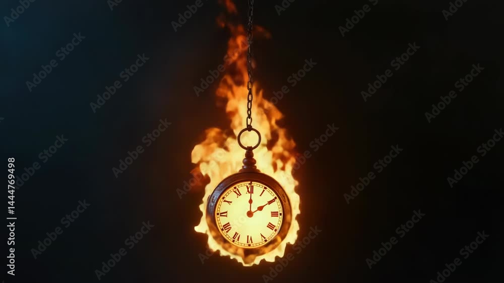 Poster a burning clock hangs precariously from a chain, emphasizing the importance of time and its fleeting