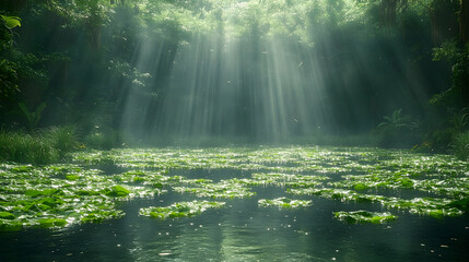 Sunlight streams through forest waterscape