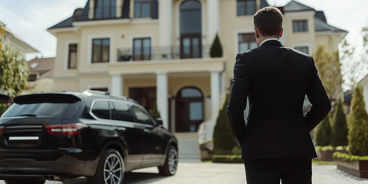 Elite bodyguard near high-end residence with black SUV