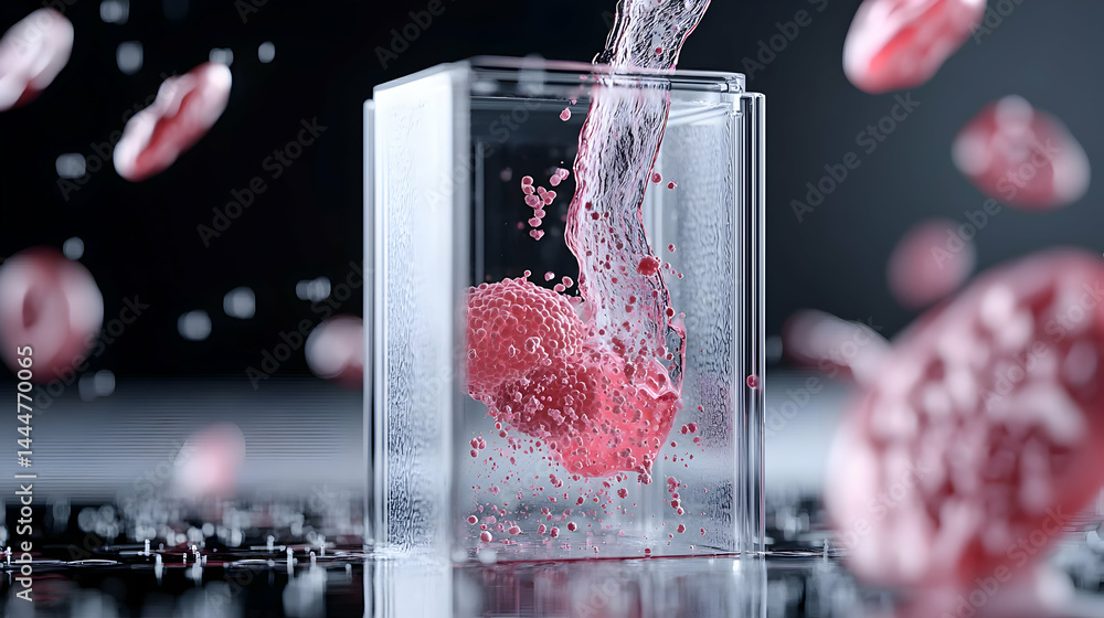 Poster a conceptual image depicts fluid pouring into a transparent container holding a pink substance surro
