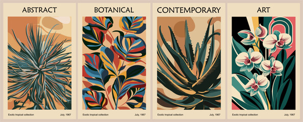 Set of retro-inspired abstract botanical posters with tropical leaves in vibrant mid-century modern color palette. Contemporary wall art, cover wallpaper vector template. 