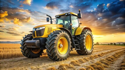 Fototapeta premium Large, bright yellow agricultural tractor with long front axle and tires on a farm field background , big tractor, yellow tractor