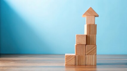 An upward-pointing brown arrow stands on top of a stack of wooden blocks against a soft blue background, with subtle texture and gentle lighting effects , light blue, wooden blocks