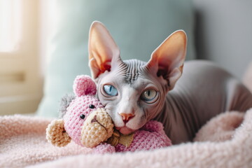 A hairless cat cuddles a fluffy pink plush toy in bed, offering a whimsical and heartwarming glimpse into feline affection.
