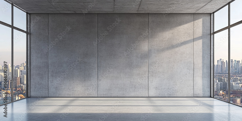 Poster concrete wall mockup in empty modern room with panoramic cityscape view through wide window openings