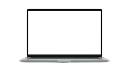 A mockup of a laptop computer with a blank screen display isolated on a transparent background. Cut out the PNG format for graphic design. technology concept.