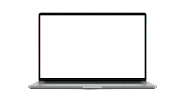 A mockup of a laptop computer with a blank screen display isolated on a transparent background. Cut out the PNG format for graphic design. technology concept.