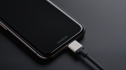 Smartphone charging with black cable on dark surface, close up view showing modern technology and minimalistic style, conveying convenience and connectivity