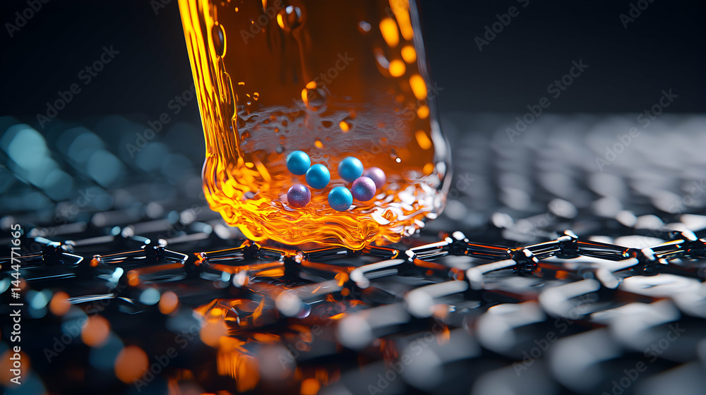 Aufkleber an abstract render of liquid interacting with a molecular structure and colorful spheres. it could b