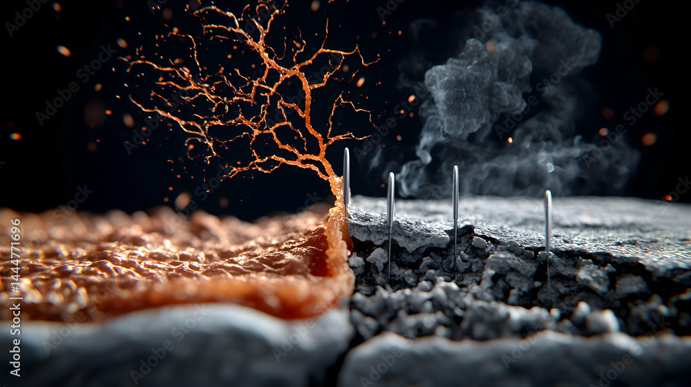 Poster abstract image symbolizing contrasting elements like growth and decay. suggests environmental or sci