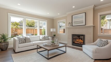 Fototapeta premium Cozy Living Room with Warm Fireplace and Comfortable Couch Inviting Relaxation and Family Gatherings